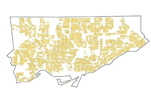 Map view of Neighbourhoods ('Yellow Belt') in the City of Toronto's Official Plan.Image Credit: Smart Density