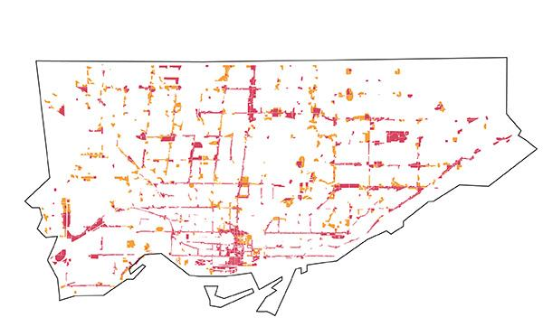 Map view of Mixed-Use Areas and Apartment Neighbourhoods in the City of Toronto's Official Plan.Image Credit: Smart Density